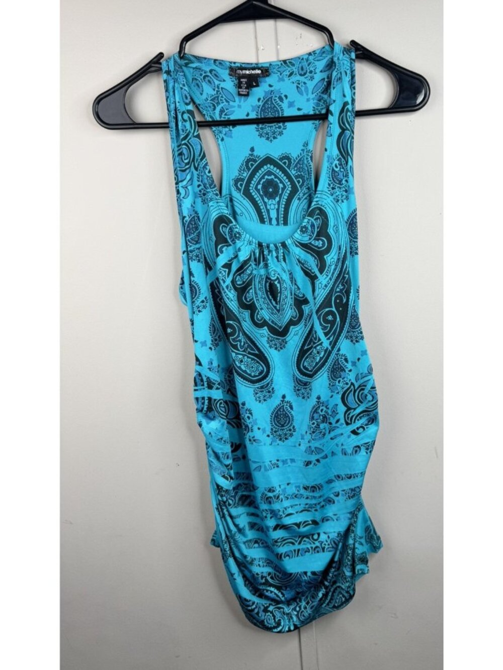 My Michelle Size L Womens Racer Back Tank Top Blue Print Scoop Neck Ruched Sides